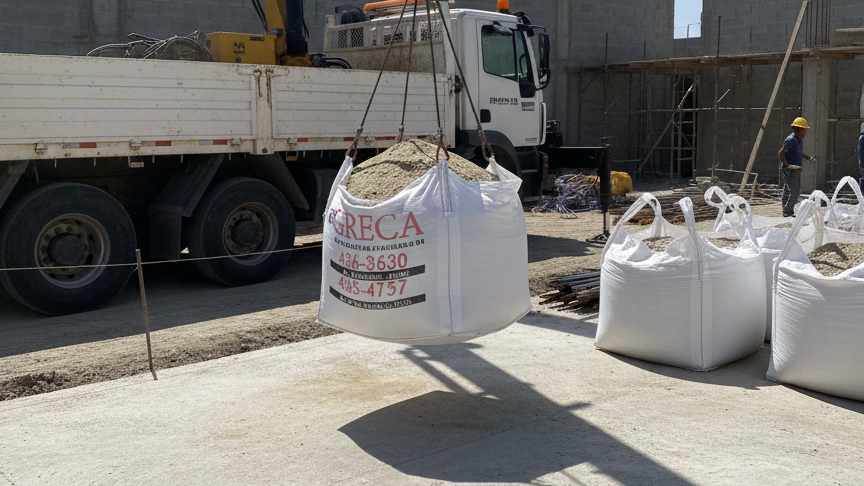 Camión descargando un bolsón de arena en una obra